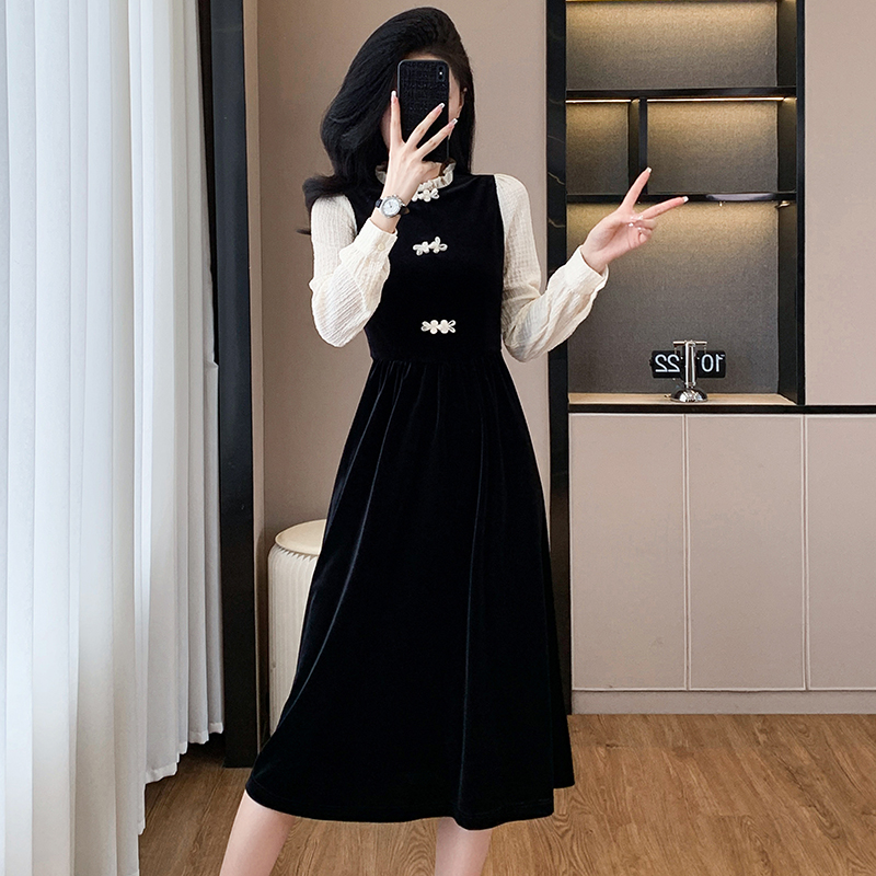 Temperament Chinese style long dress autumn velvet dress