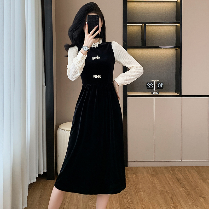 Temperament Chinese style long dress autumn velvet dress