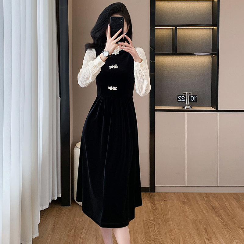 Temperament Chinese style long dress autumn velvet dress