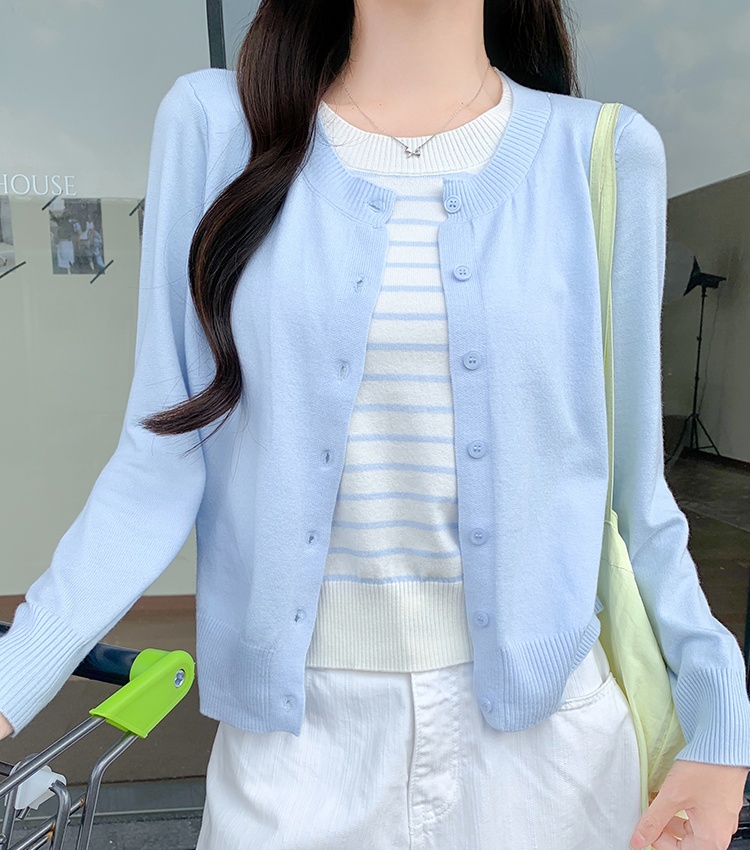 Pseudo-two stripe cardigan tender knitted sweater