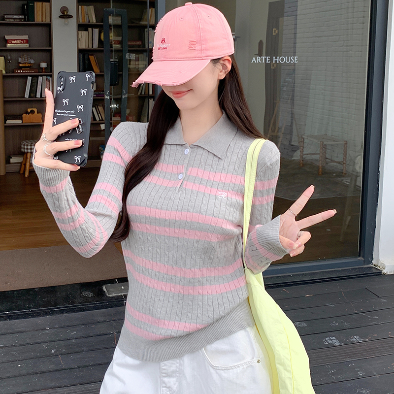 Temperament stripe bottoming shirt embroidery sweater