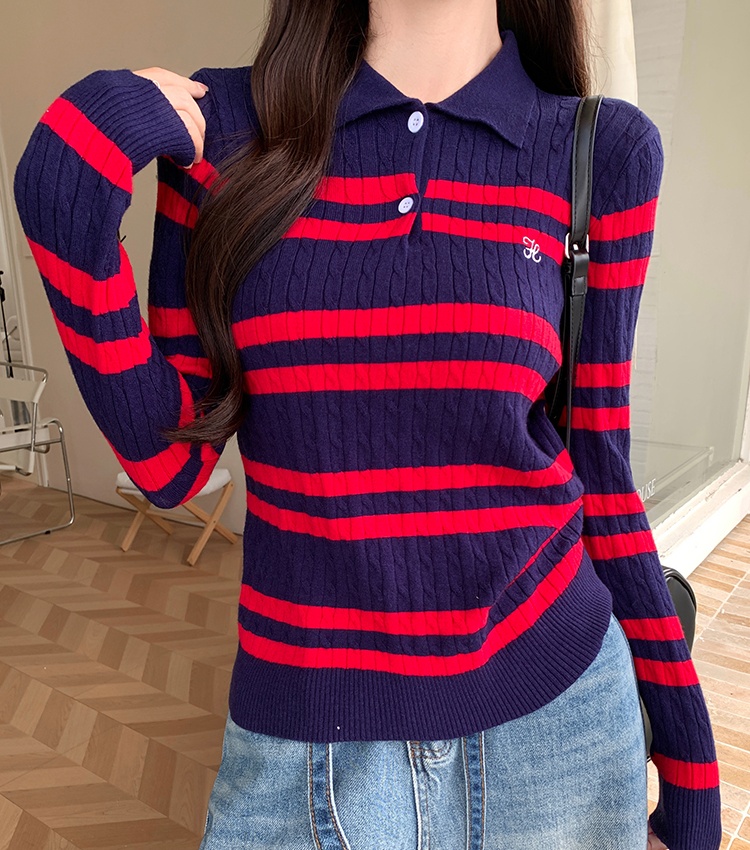 Temperament stripe bottoming shirt embroidery sweater