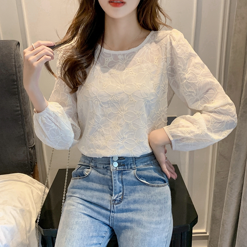 Korean style round neck tops puff sleeve bottoming shirt
