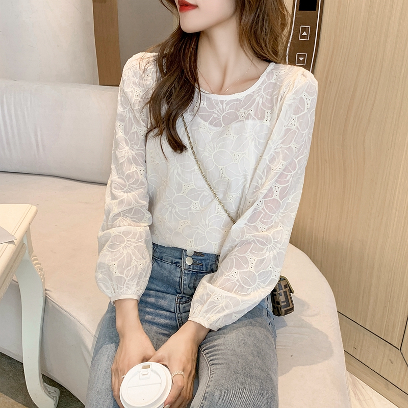 Korean style round neck tops puff sleeve bottoming shirt