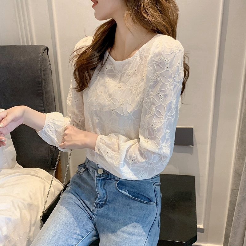 Korean style round neck tops puff sleeve bottoming shirt
