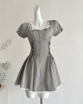 Black-white plaid T-back summer pinched waist dress