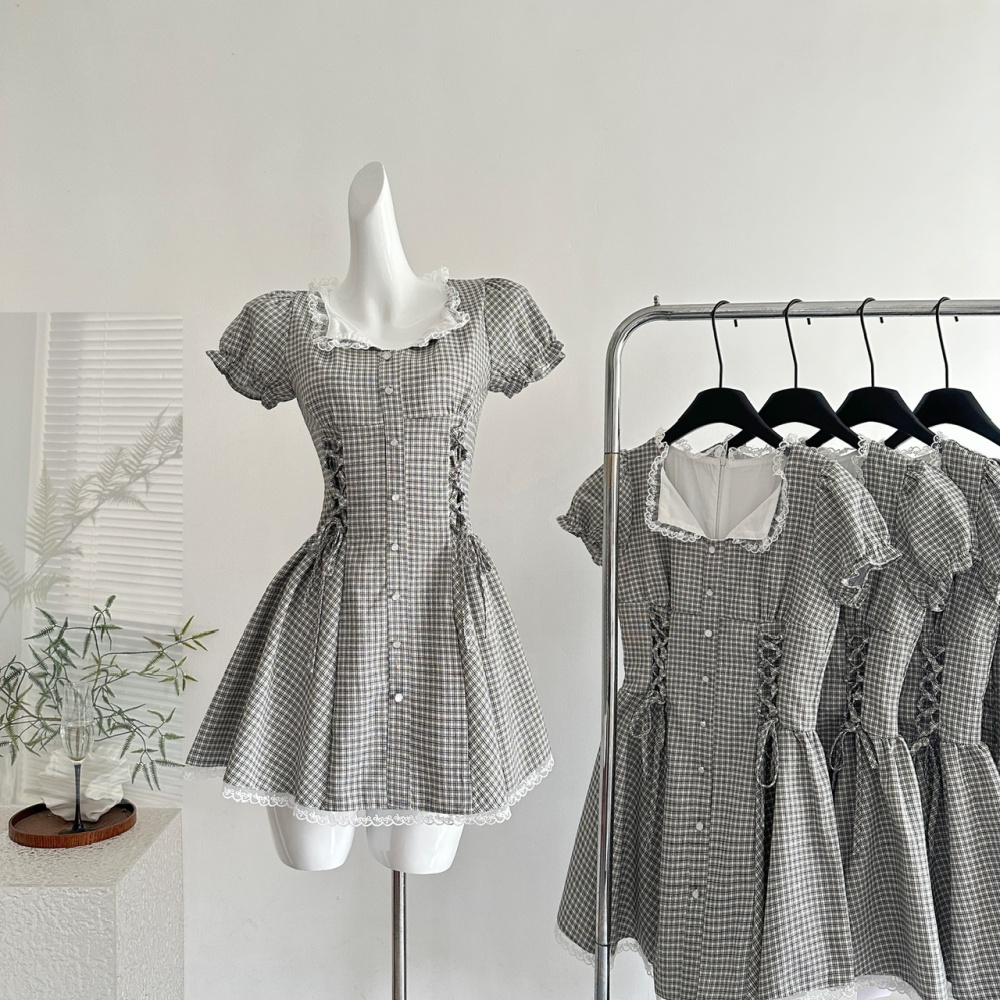 Black-white plaid T-back summer pinched waist dress