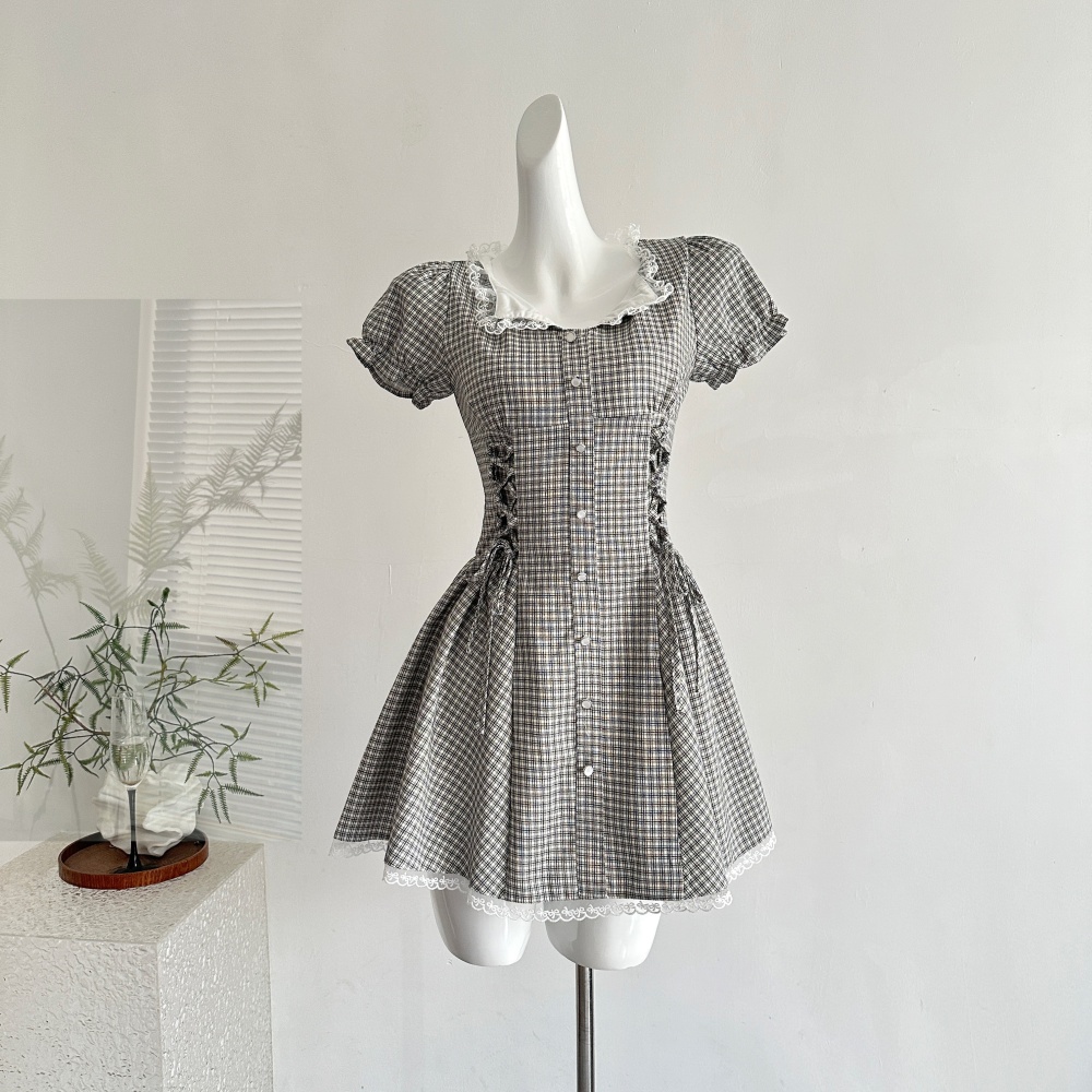 Black-white plaid T-back summer pinched waist dress