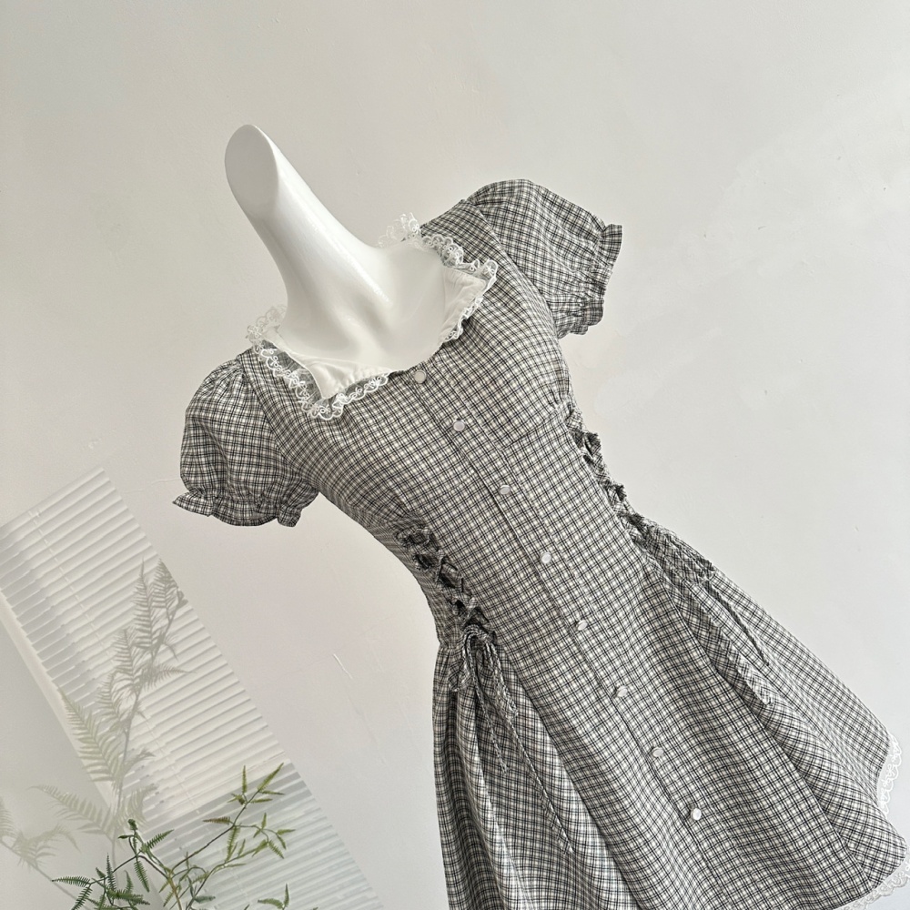 Black-white plaid T-back summer pinched waist dress