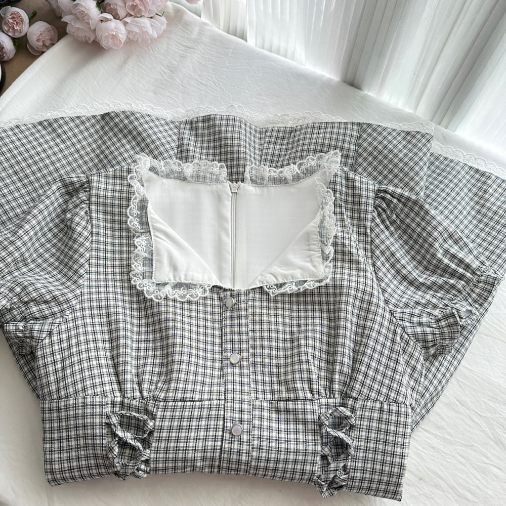 Black-white plaid T-back summer pinched waist dress