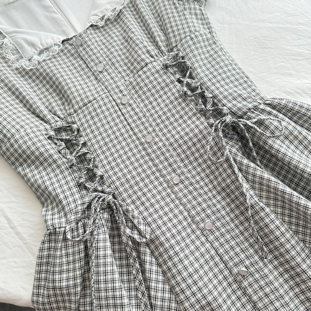 Black-white plaid T-back summer pinched waist dress