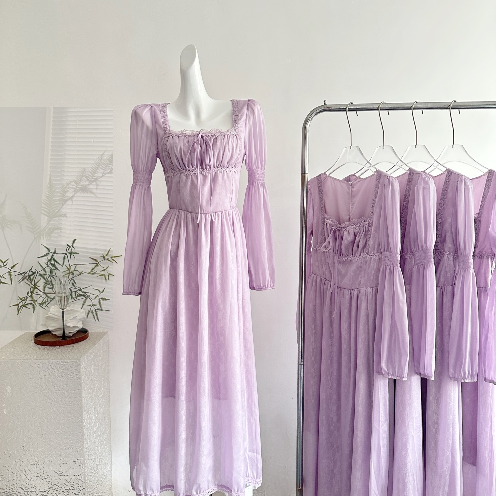France style temperament retro square collar dress for women