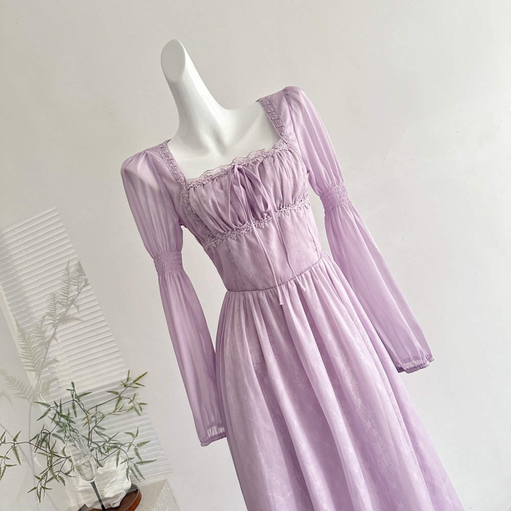 France style temperament retro square collar dress for women