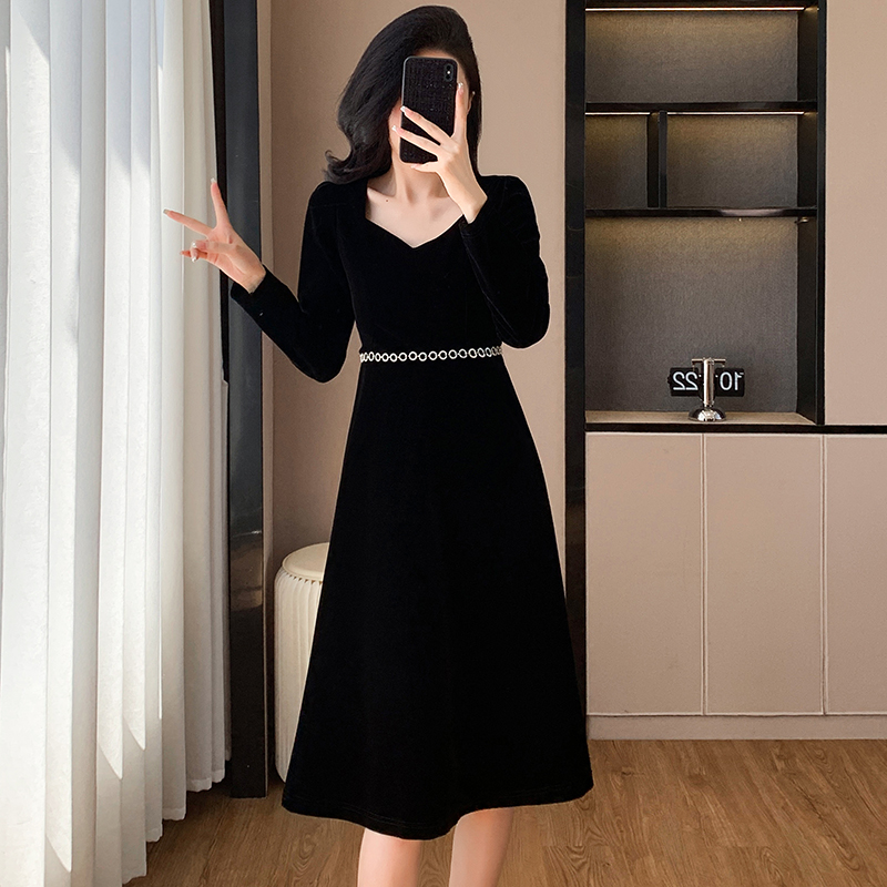 Temperament chanelstyle velvet France style autumn dress