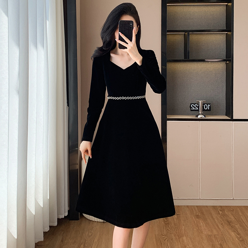 Temperament chanelstyle velvet France style autumn dress