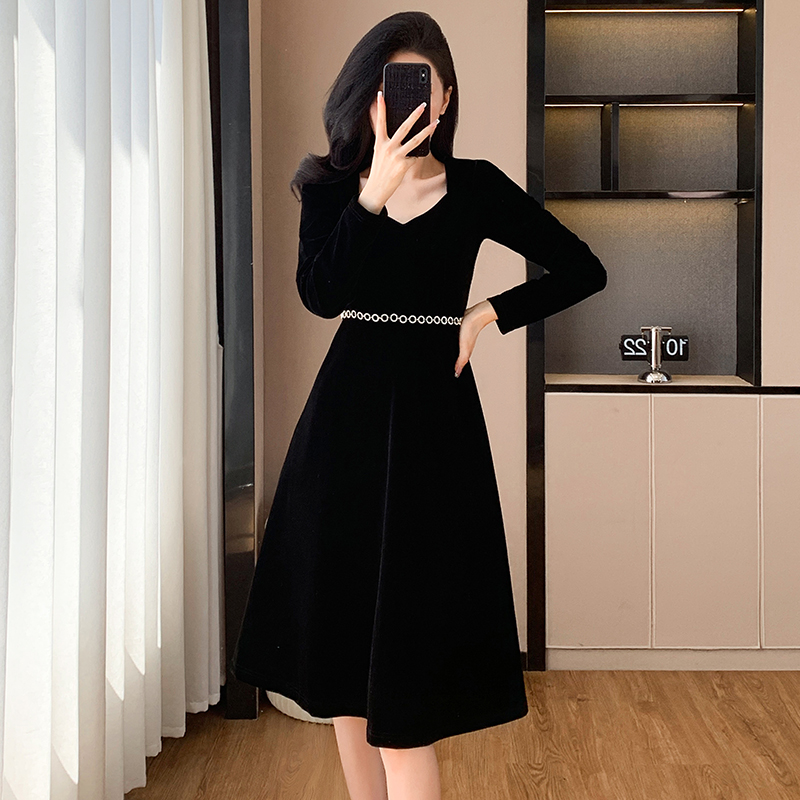 Temperament chanelstyle velvet France style autumn dress