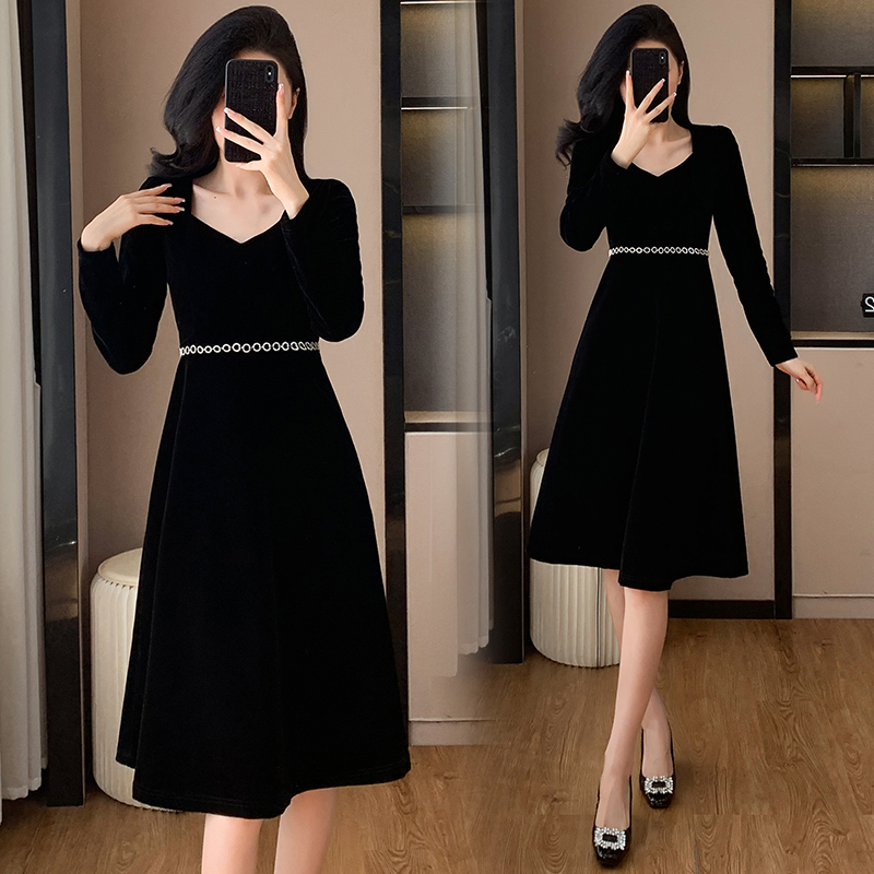 Temperament chanelstyle velvet France style autumn dress