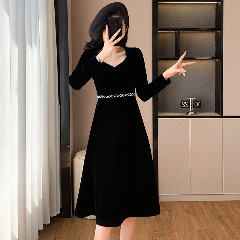 Temperament chanelstyle velvet France style autumn dress