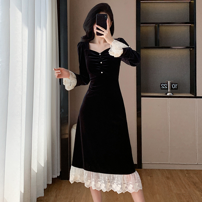 Annual meeting autumn formal dress velvet lace dress