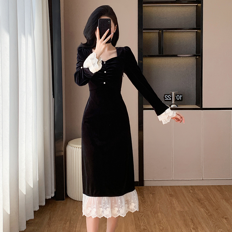 Annual meeting autumn formal dress velvet lace dress