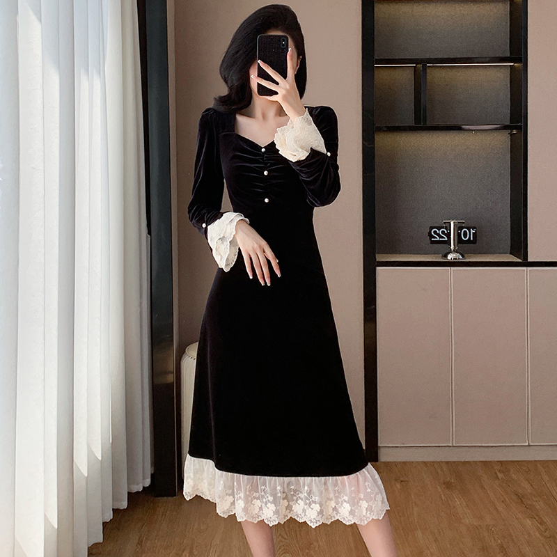 Annual meeting autumn formal dress velvet lace dress