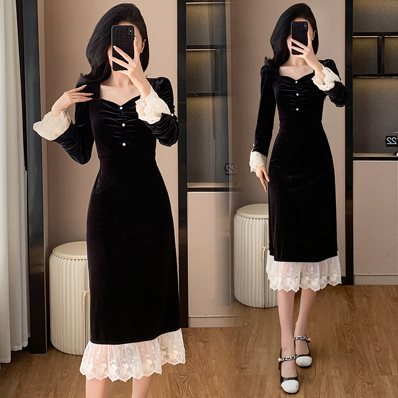 Annual meeting autumn formal dress velvet lace dress