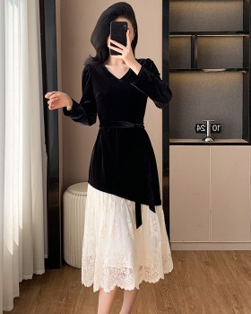 Autumn and winter splice dress velvet light luxury formal dress