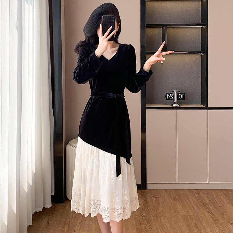 Autumn and winter splice dress velvet light luxury formal dress