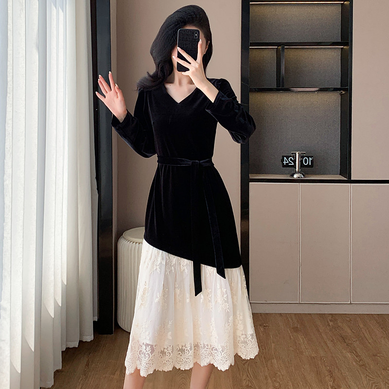 Autumn and winter splice dress velvet light luxury formal dress