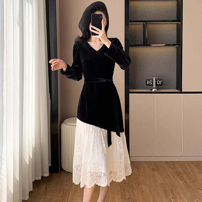 Autumn and winter splice dress velvet light luxury formal dress