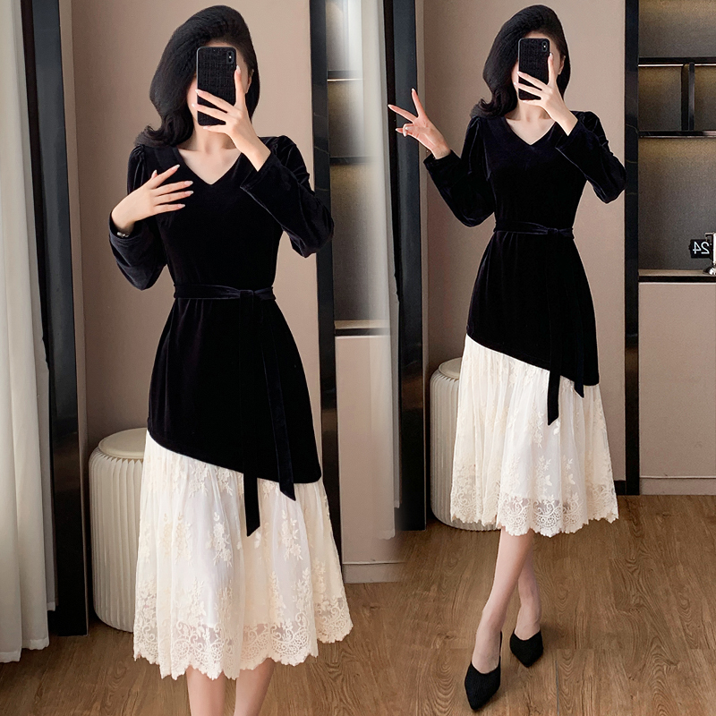 Autumn and winter splice dress velvet light luxury formal dress