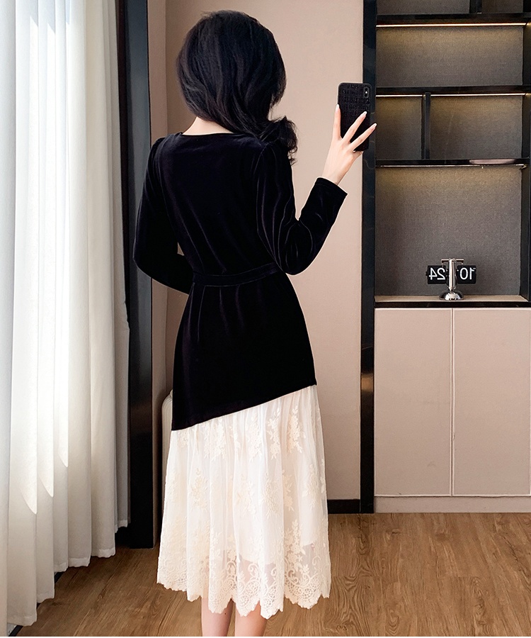 Autumn and winter splice dress velvet light luxury formal dress