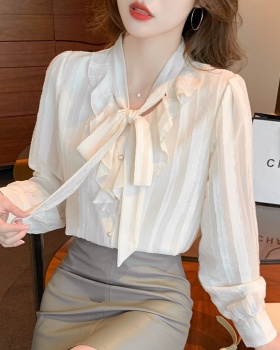 Unique chiffon shirt lotus leaf edges bow tops for women