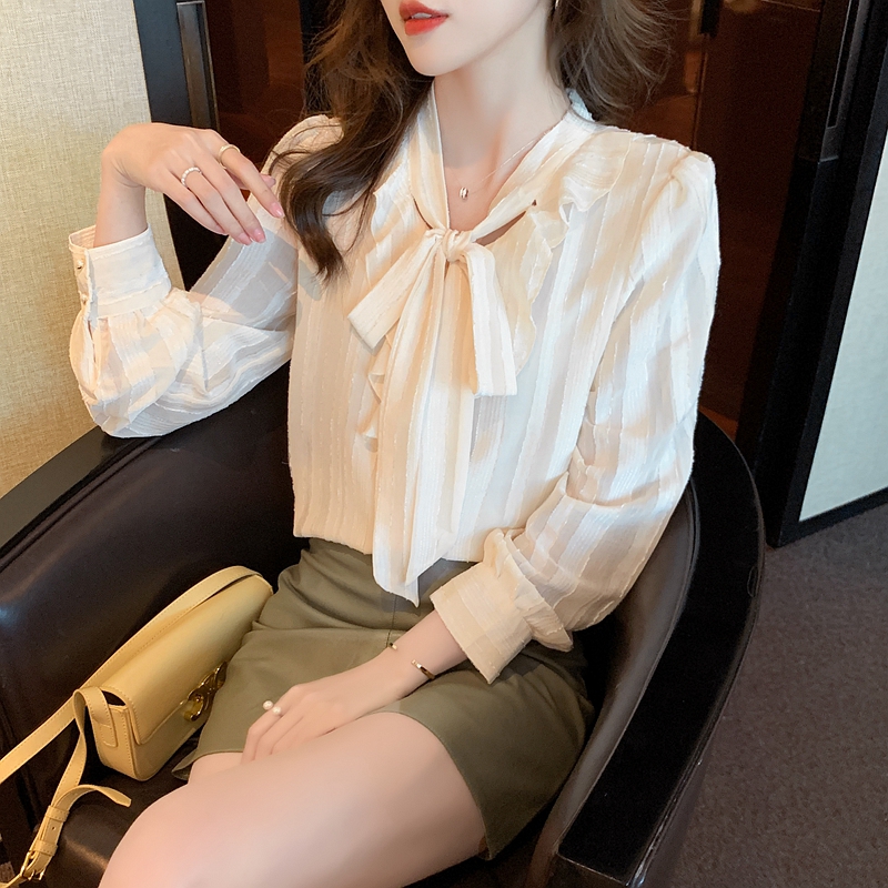 Unique chiffon shirt lotus leaf edges bow tops for women
