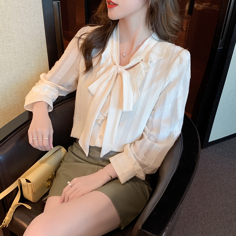 Unique chiffon shirt lotus leaf edges bow tops for women