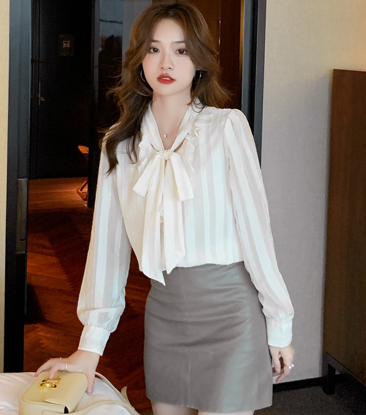 Unique chiffon shirt lotus leaf edges bow tops for women