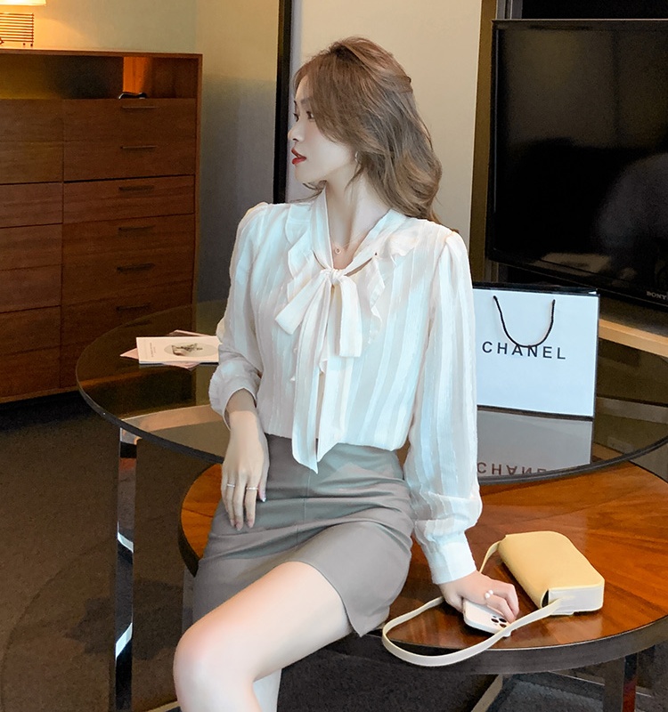 Unique chiffon shirt lotus leaf edges bow tops for women