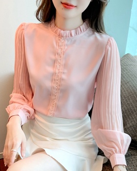 Loose chiffon shirt pink puff sleeve tops for women