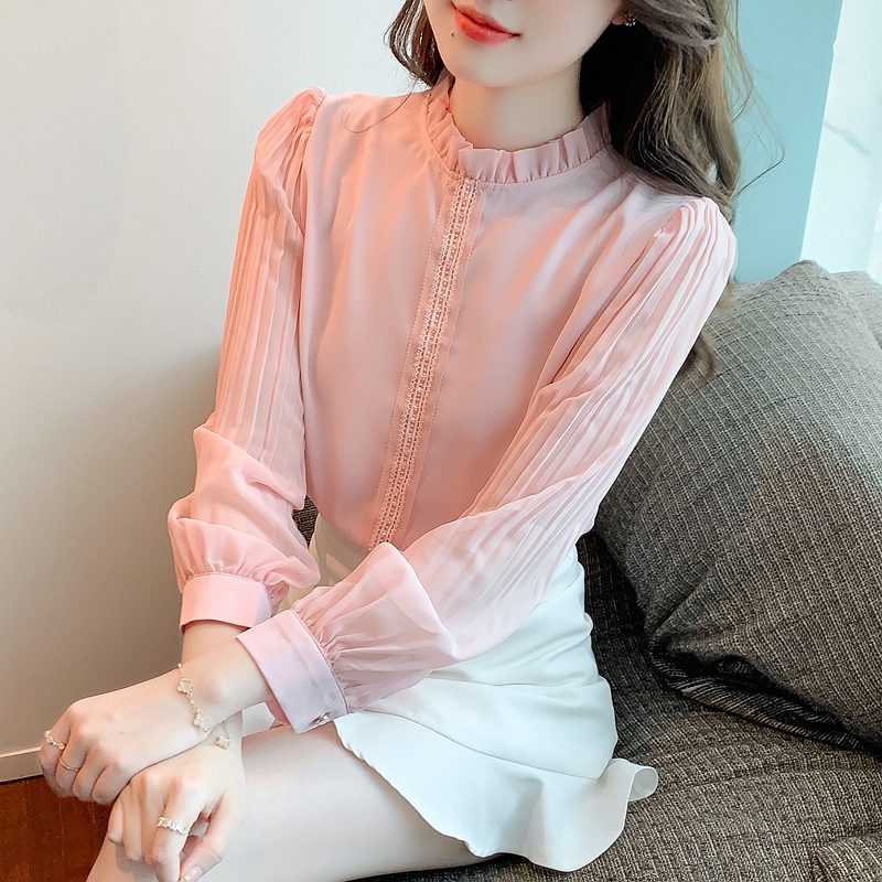 Loose chiffon shirt pink puff sleeve tops for women