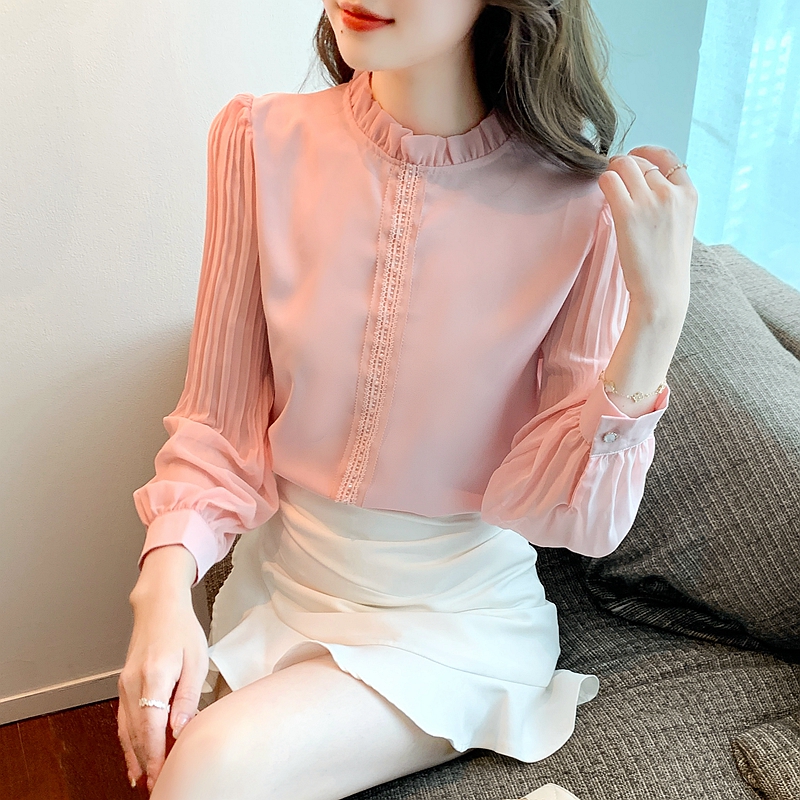 Loose chiffon shirt pink puff sleeve tops for women
