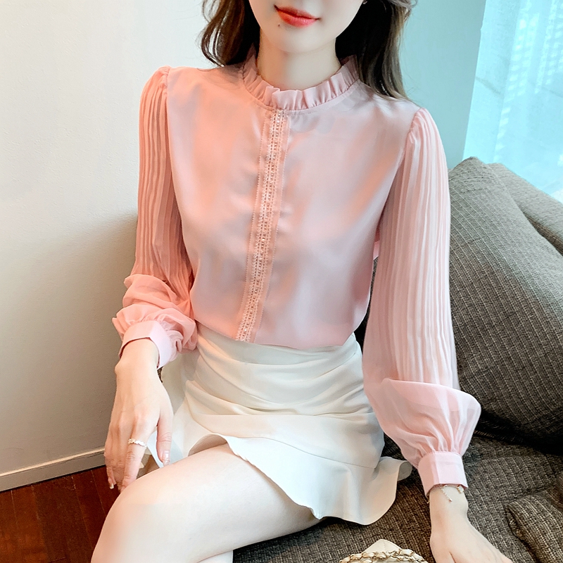 Loose chiffon shirt pink puff sleeve tops for women