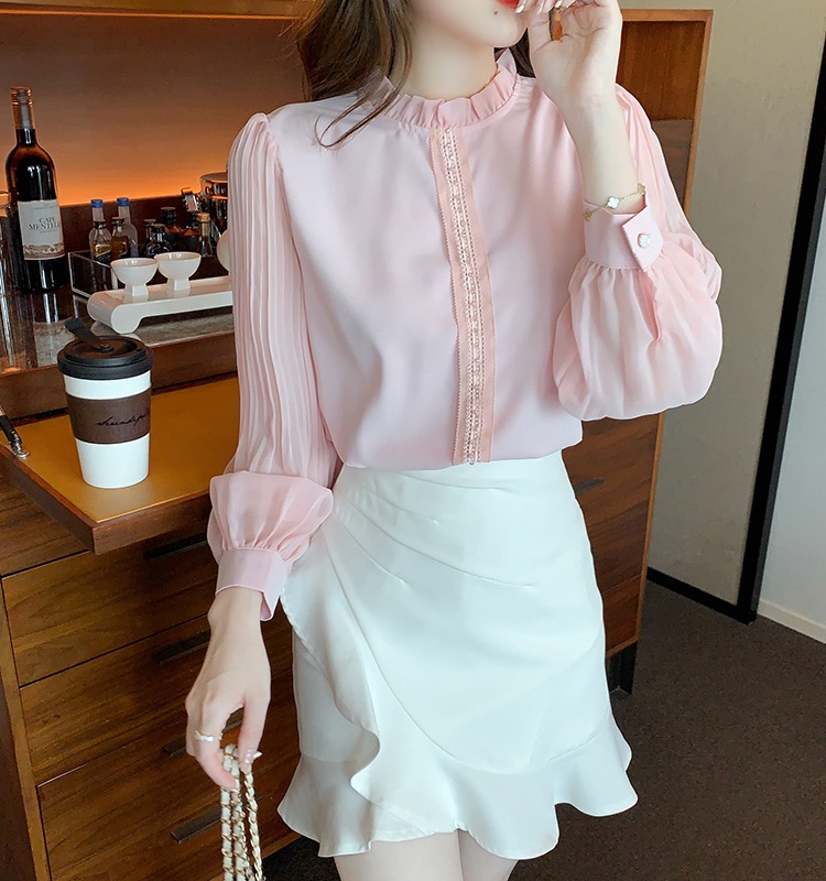 Loose chiffon shirt pink puff sleeve tops for women