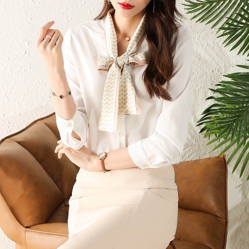 Loose autumn chiffon shirt white niche bow tops