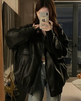 Locomotive black leather coat American style jacket for women