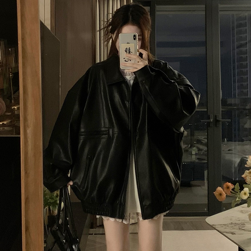 Locomotive black leather coat American style jacket for women