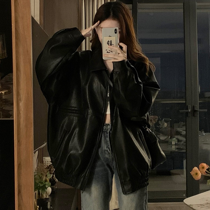 Locomotive black leather coat American style jacket for women