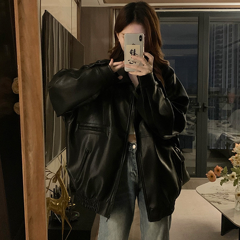 Locomotive black leather coat American style jacket for women