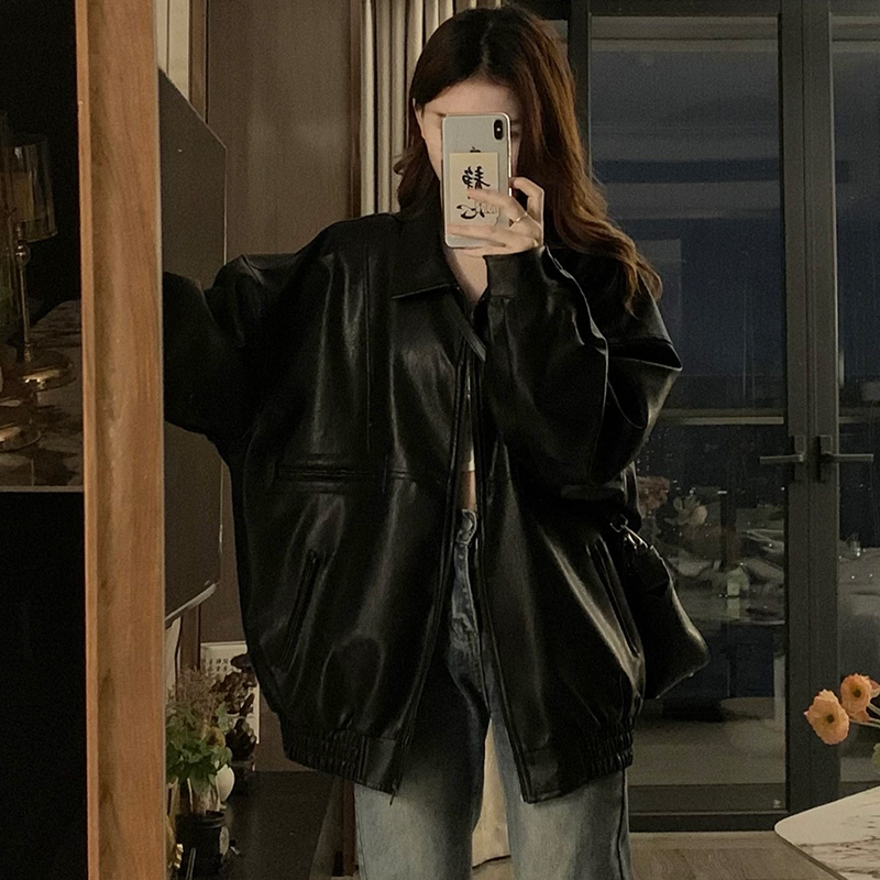 Locomotive black leather coat American style jacket for women