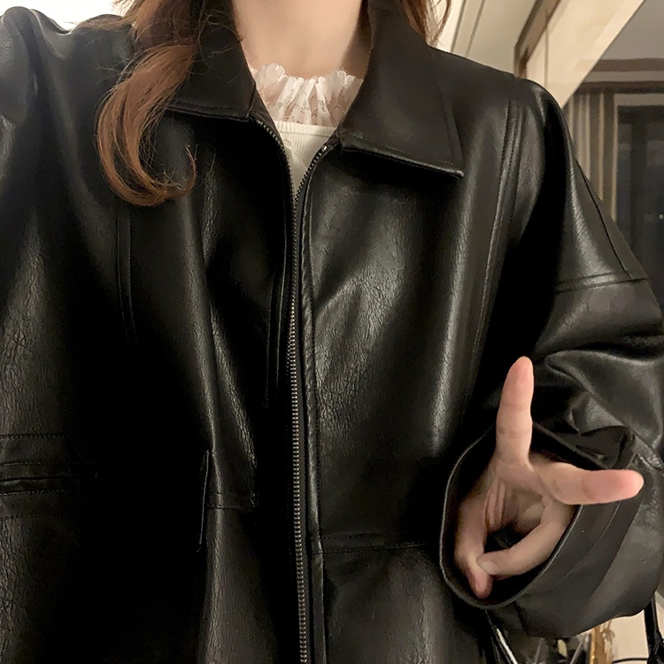 Locomotive black leather coat American style jacket for women