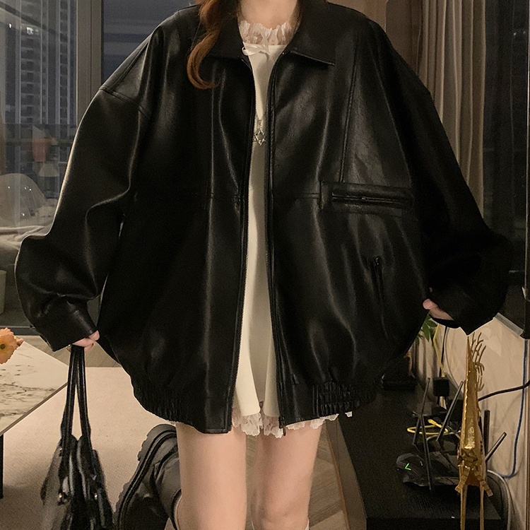 Locomotive black leather coat American style jacket for women